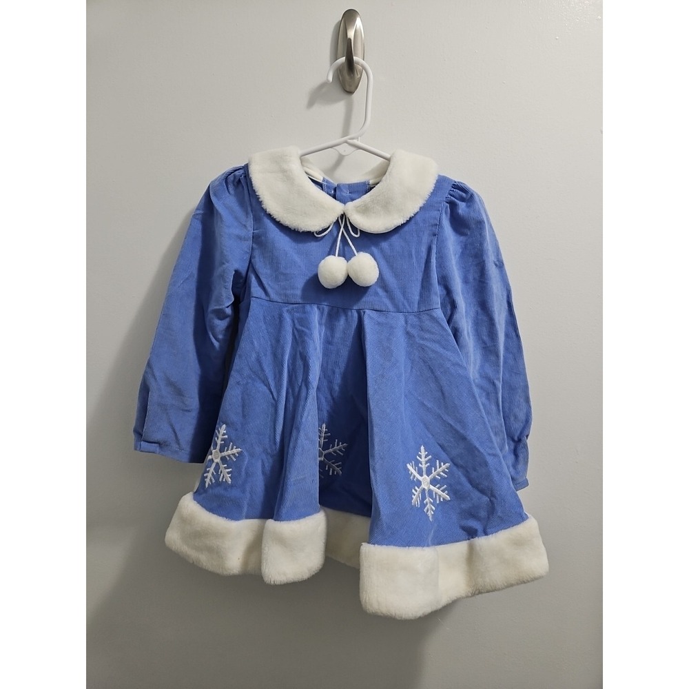 Vtg Ginger Snaps Corduroy Dress Snowflake Periwinkle Blue 3T Christmas Dress USA
